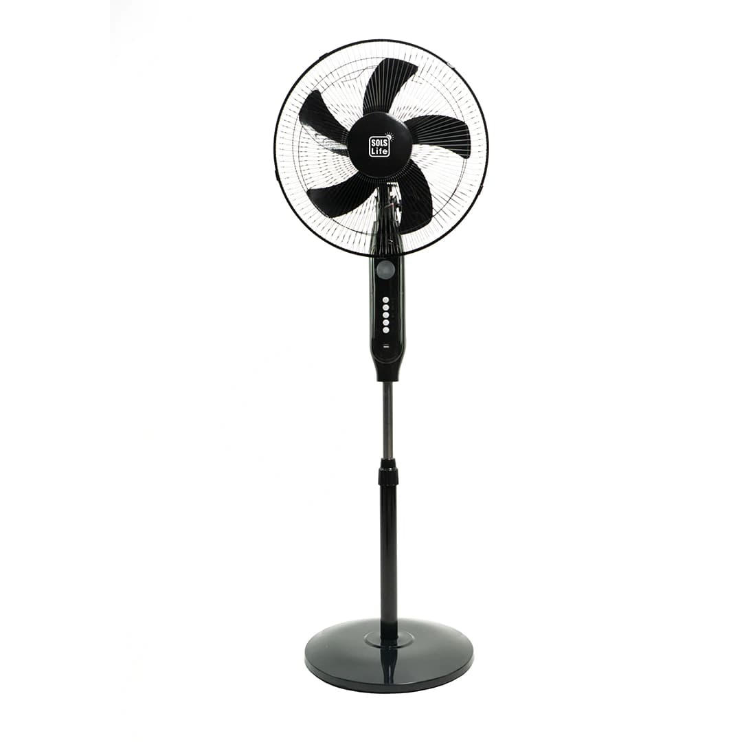 The Solar Breeze R1 stand fan seen from the front, on its round weighted base