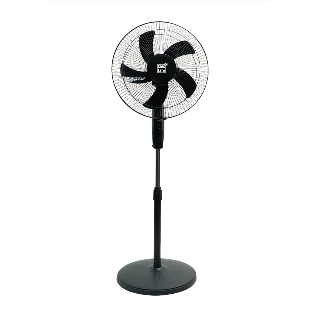 The Solar Breeze Lite S1 fan seen from the front, on its round weighted base
