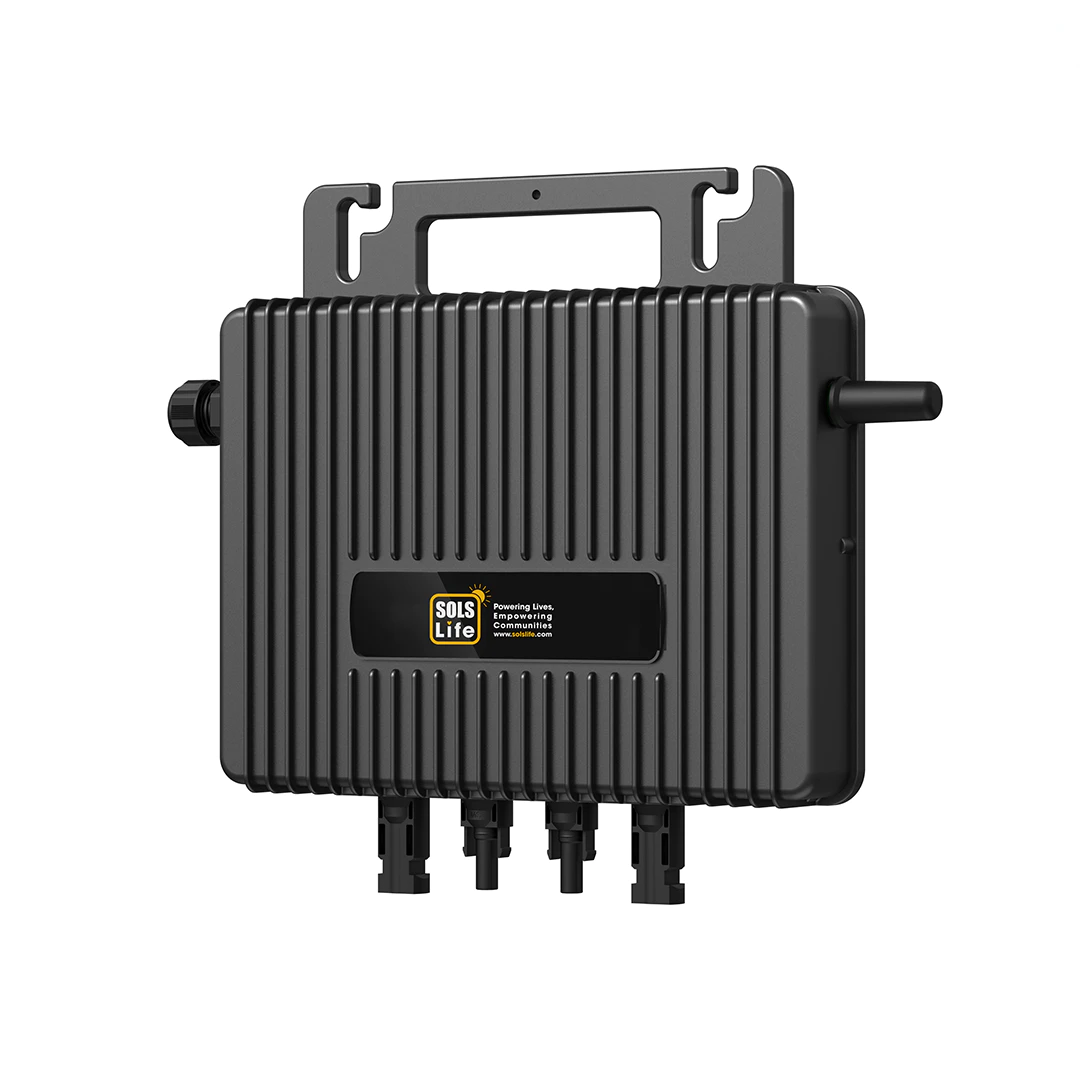 The Solar Mas 1S Pro microinverter at an angle, its finned casing carrying a SOLS Life plate, with a mounting bracket above and four DC connectors below