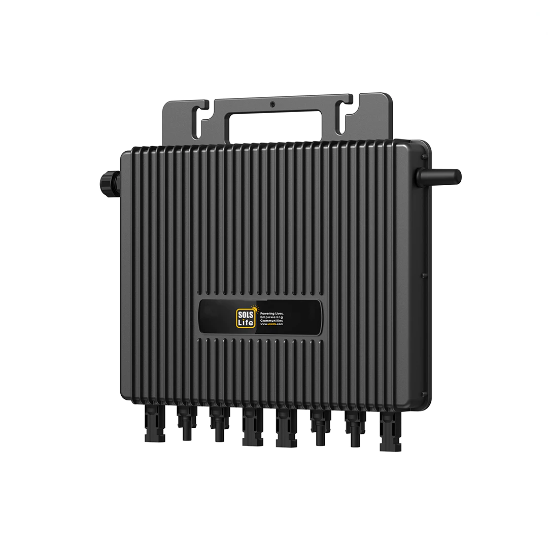 The Solar Mas 2S Pro microinverter at an angle, its finned casing carrying a SOLS Life plate, with a mounting bracket above and eight DC connectors below