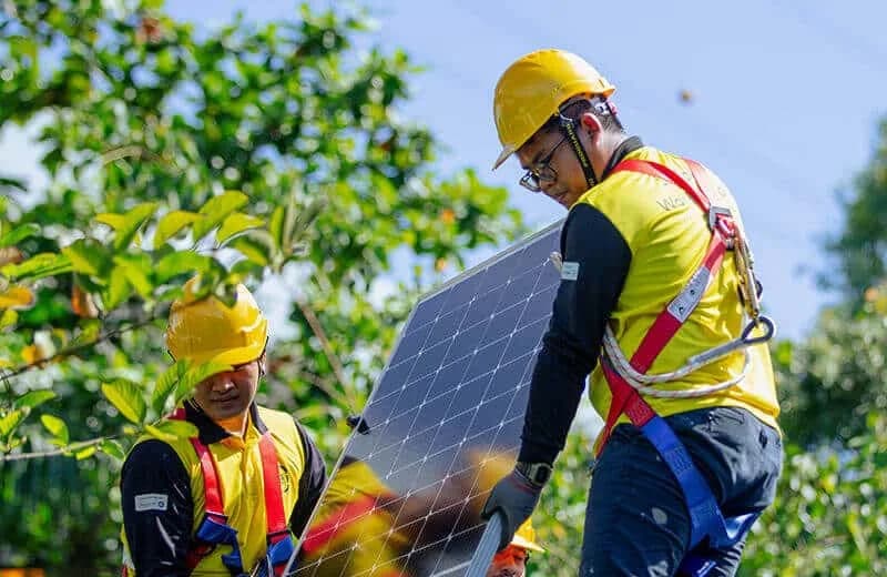 Two installers in hard hats and safety harnesses carrying a solar panel between fruit trees